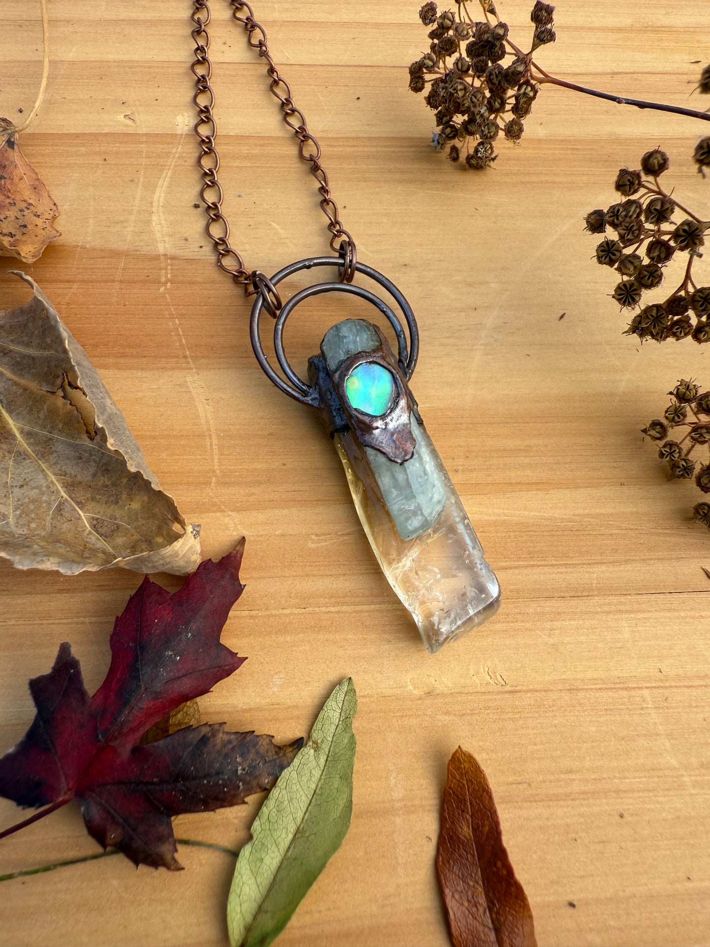 Electroformed Copper Citrine, Kyanite and Abalone Shell Necklace