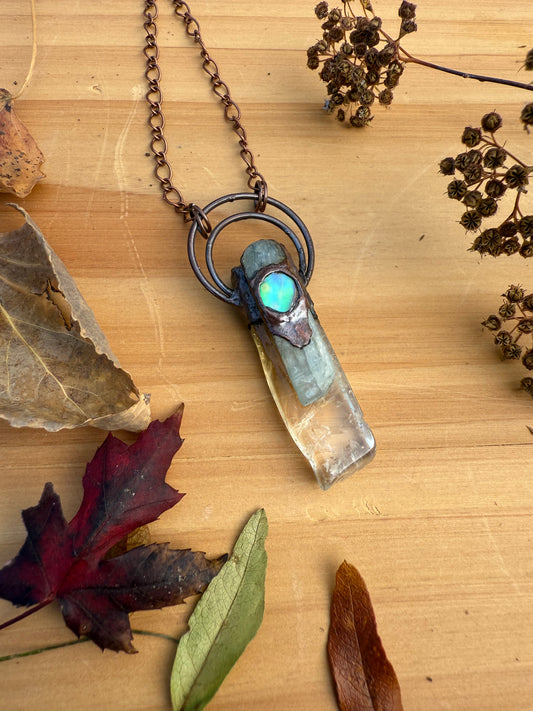 Electroformed Copper Citrine, Kyanite and Abalone Shell Necklace