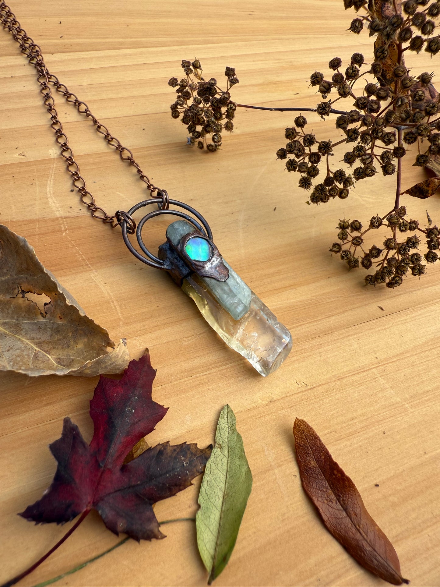 Electroformed Copper Citrine, Kyanite and Abalone Shell Necklace