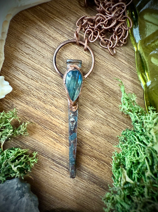Coffin Nail Amulet with Labradorite Tear Drop