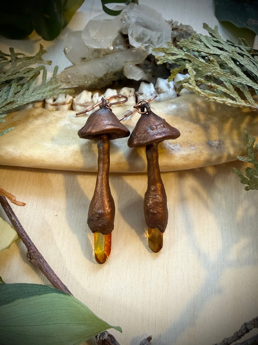 Electroformed Copper Mushroom Orange Quartz Stem Earrings