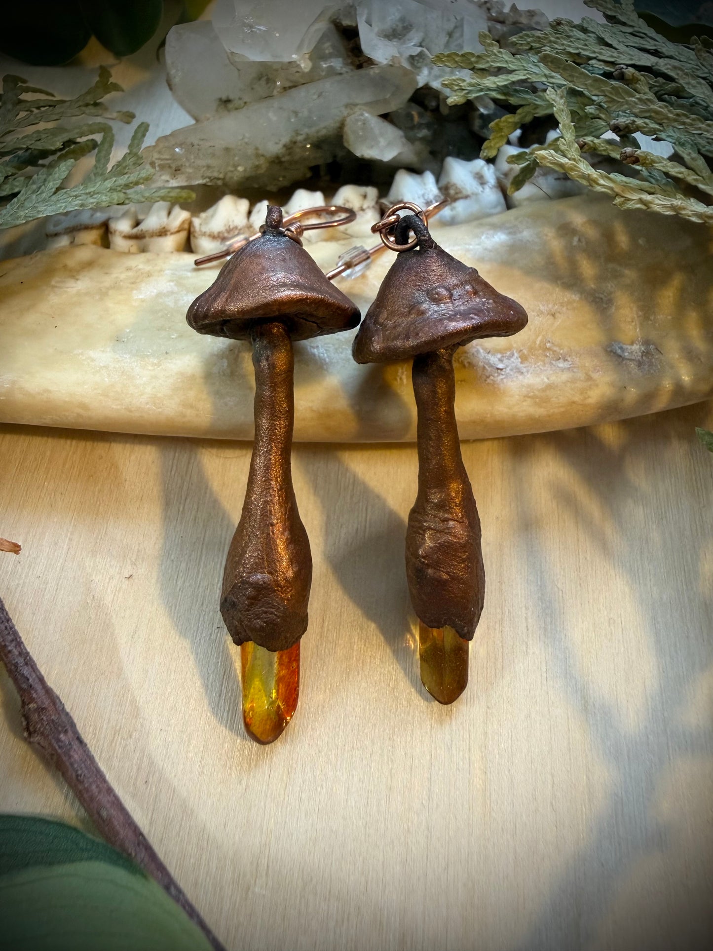 Electroformed Copper Mushroom Orange Quartz Stem Earrings