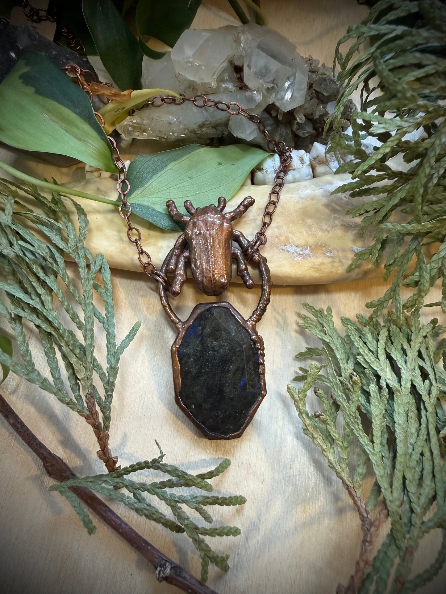 Electroformed Copper Beetle and Labradorite Stone Necklace