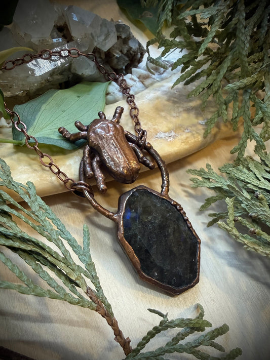 Electroformed Copper Beetle and Labradorite Stone Necklace