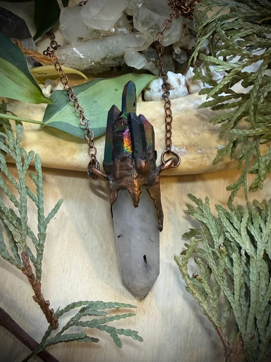 Electroformed Aura Quartz/ Rutilated Quartz Amulet Necklace