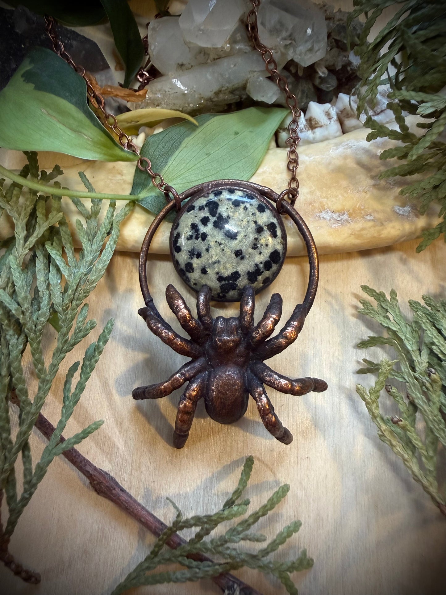 Electroformed Copper Spider and Dalmation Jasper Stone Necklace
