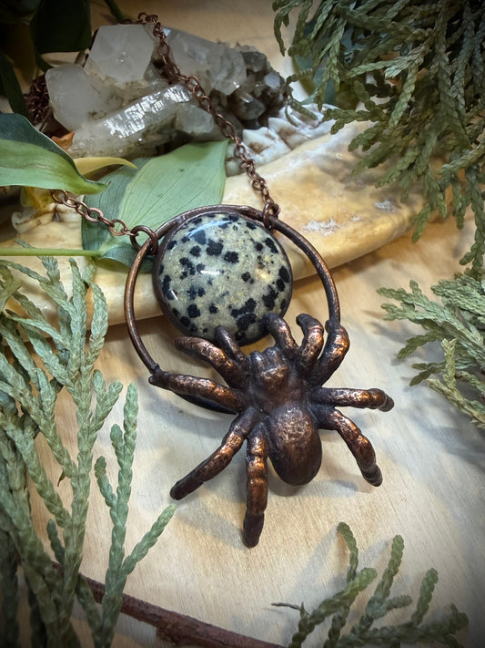 Electroformed Copper Spider and Dalmation Jasper Stone Necklace