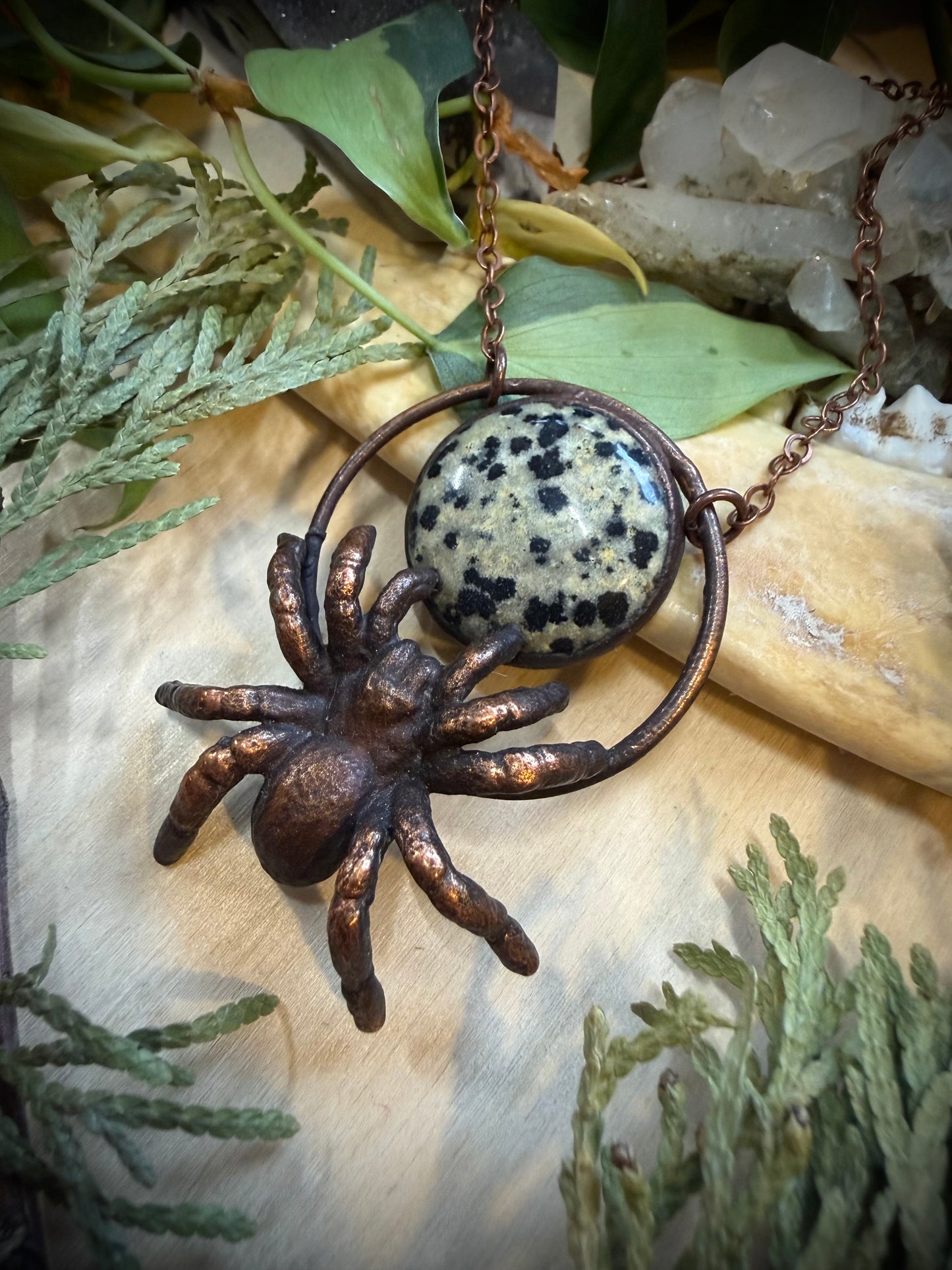 Electroformed Copper Spider and Dalmation Jasper Stone Necklace