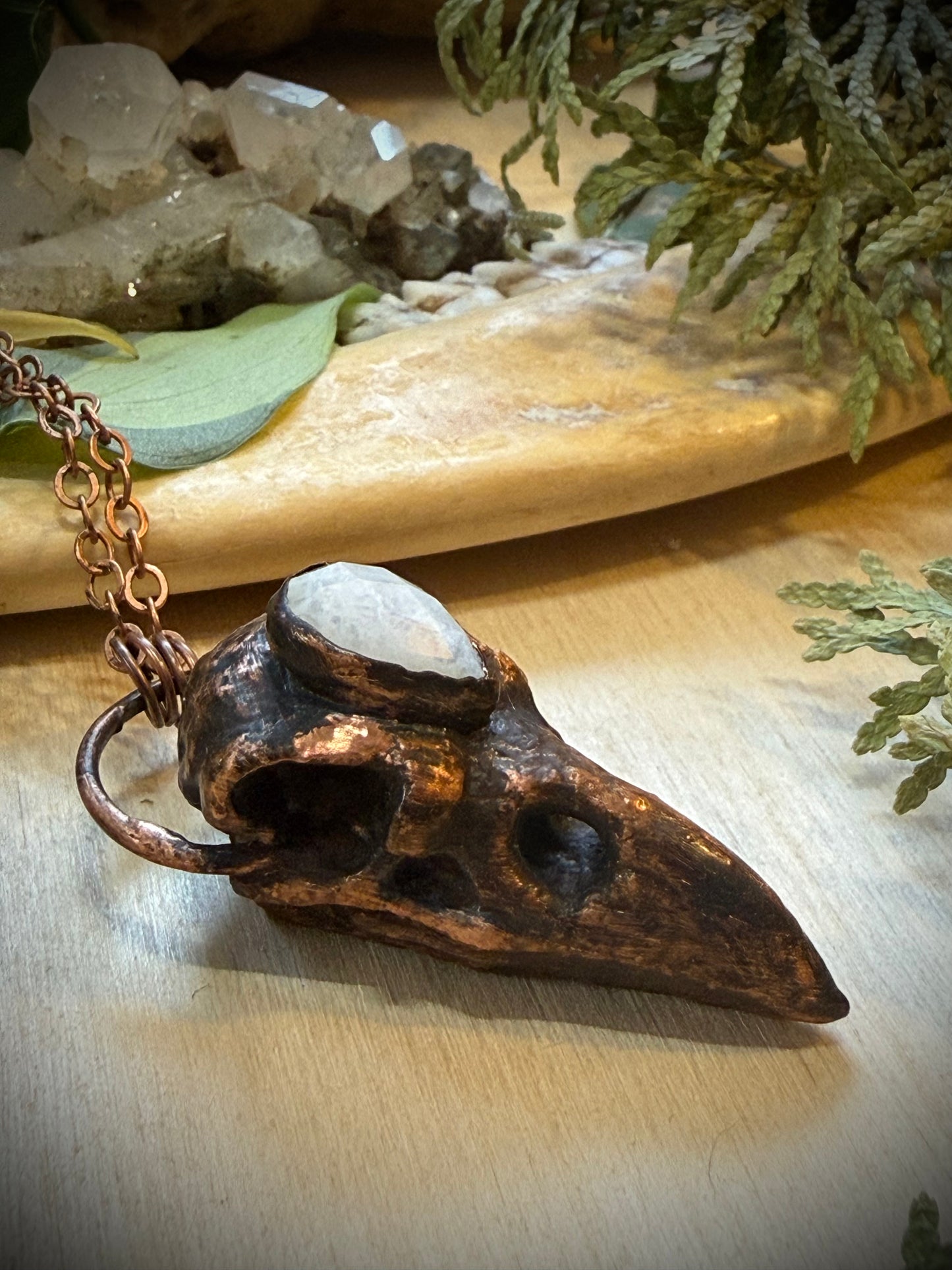 Electroformed Copper Raven Skull with Moonstone Necklace