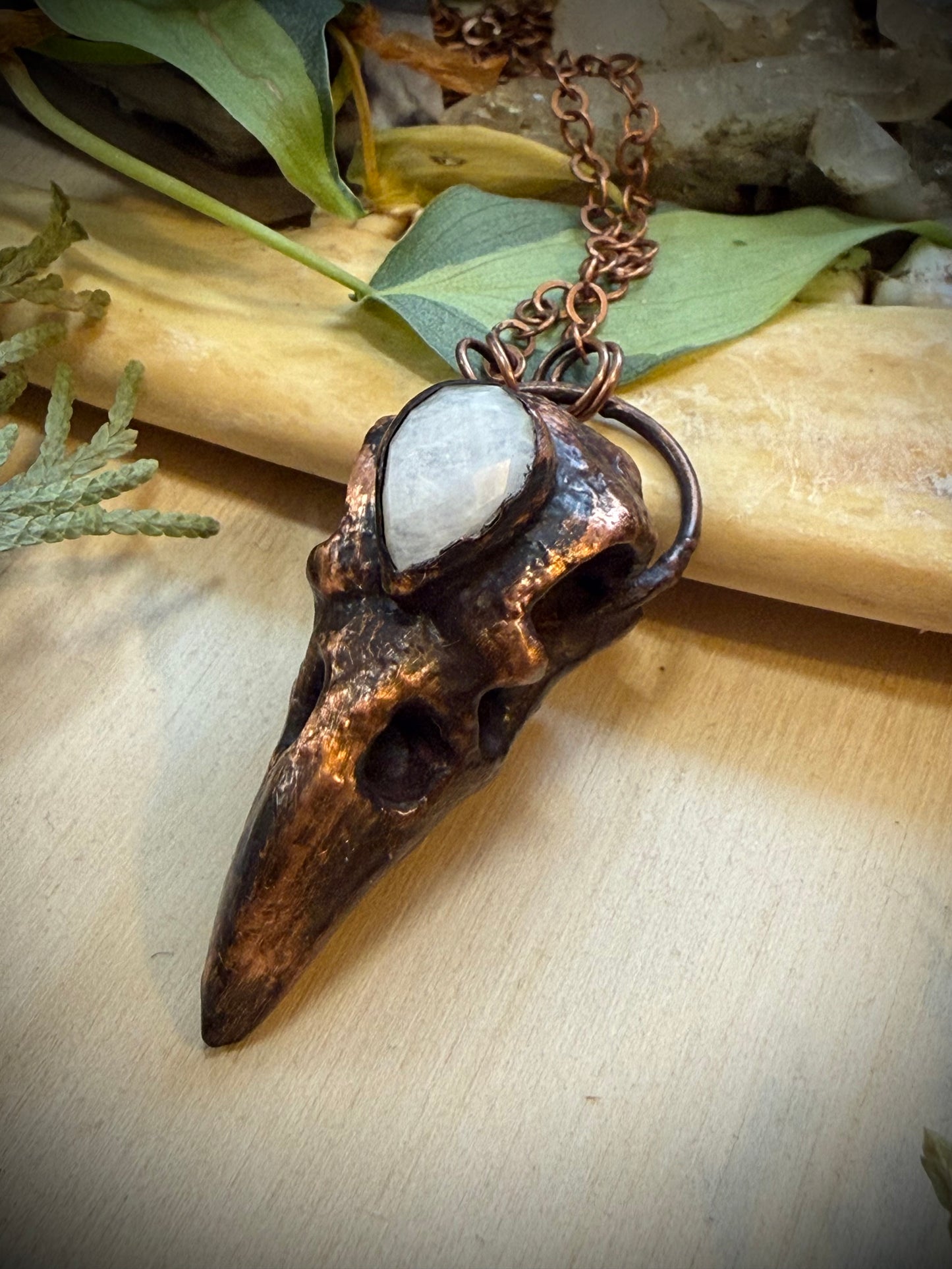 Electroformed Copper Raven Skull with Moonstone Necklace