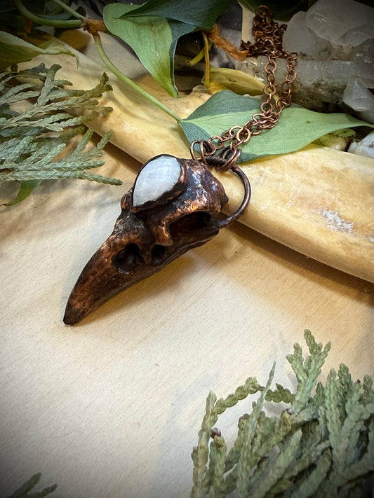 Electroformed Copper Raven Skull with Moonstone Necklace