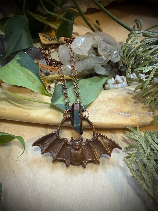 Electroformed Copper Bat with Aura Quartz Necklace