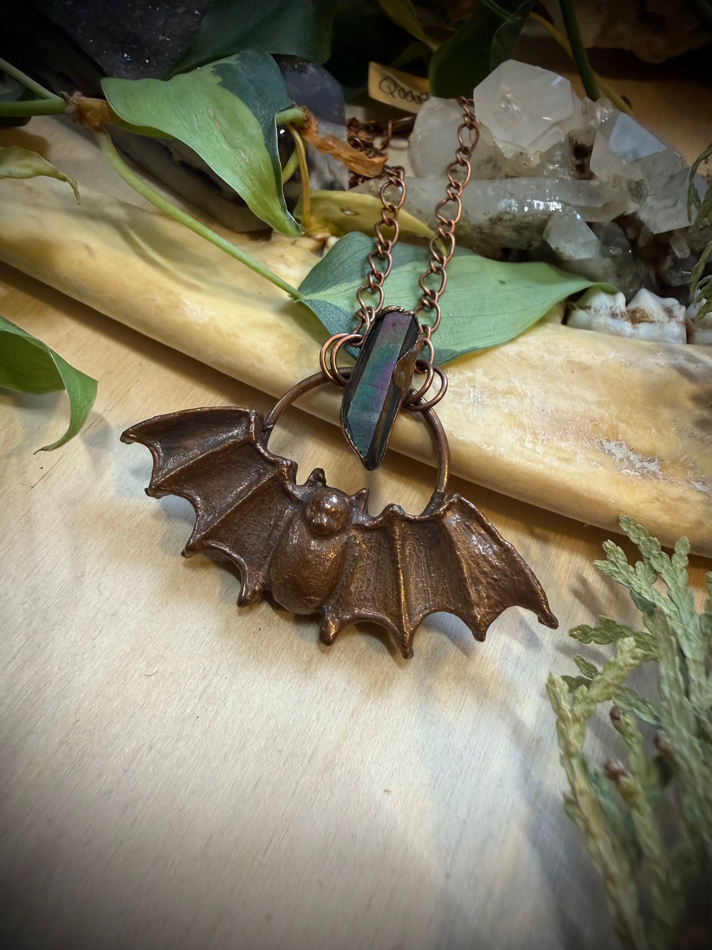 Electroformed Copper Bat with Aura Quartz Necklace