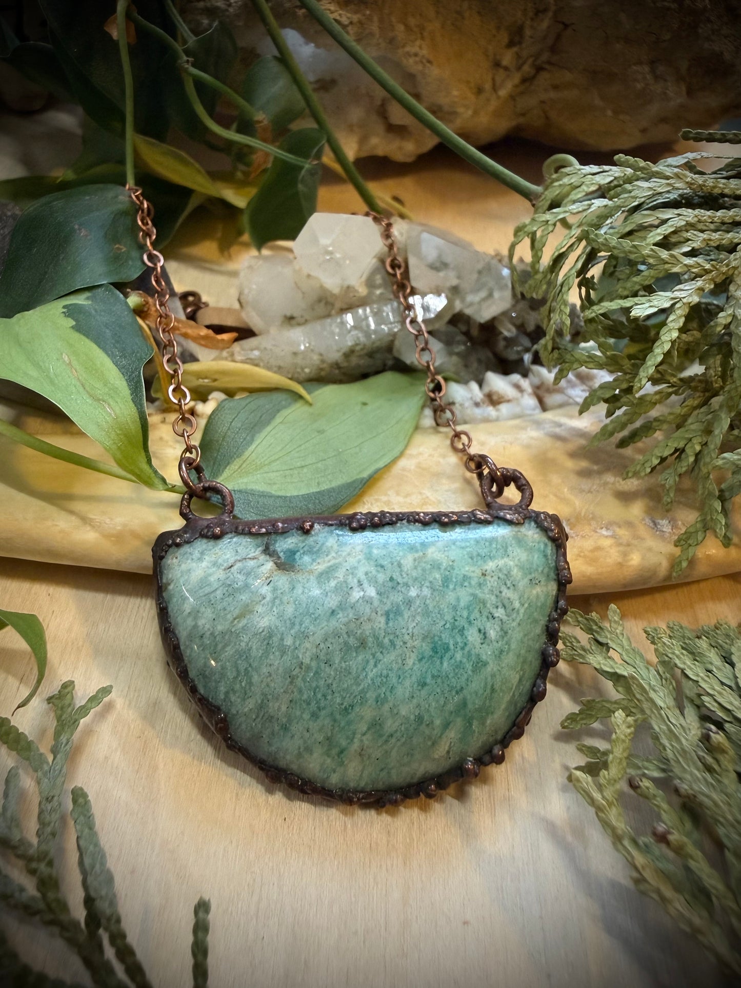 Electroformed Copper Amazonite Half Round Stone Necklace