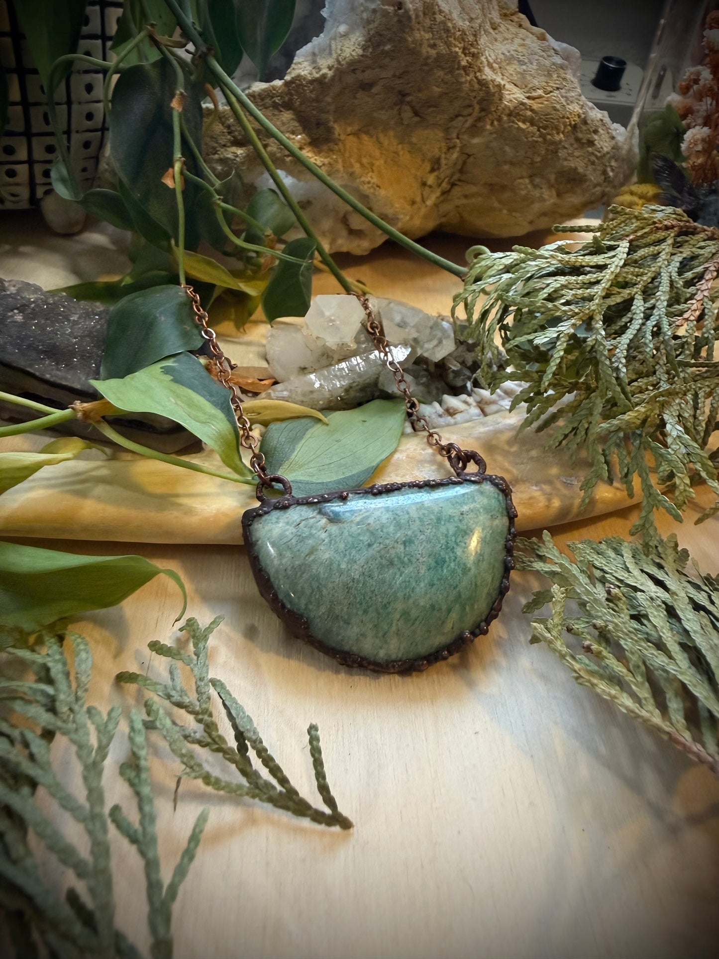 Electroformed Copper Amazonite Half Round Stone Necklace