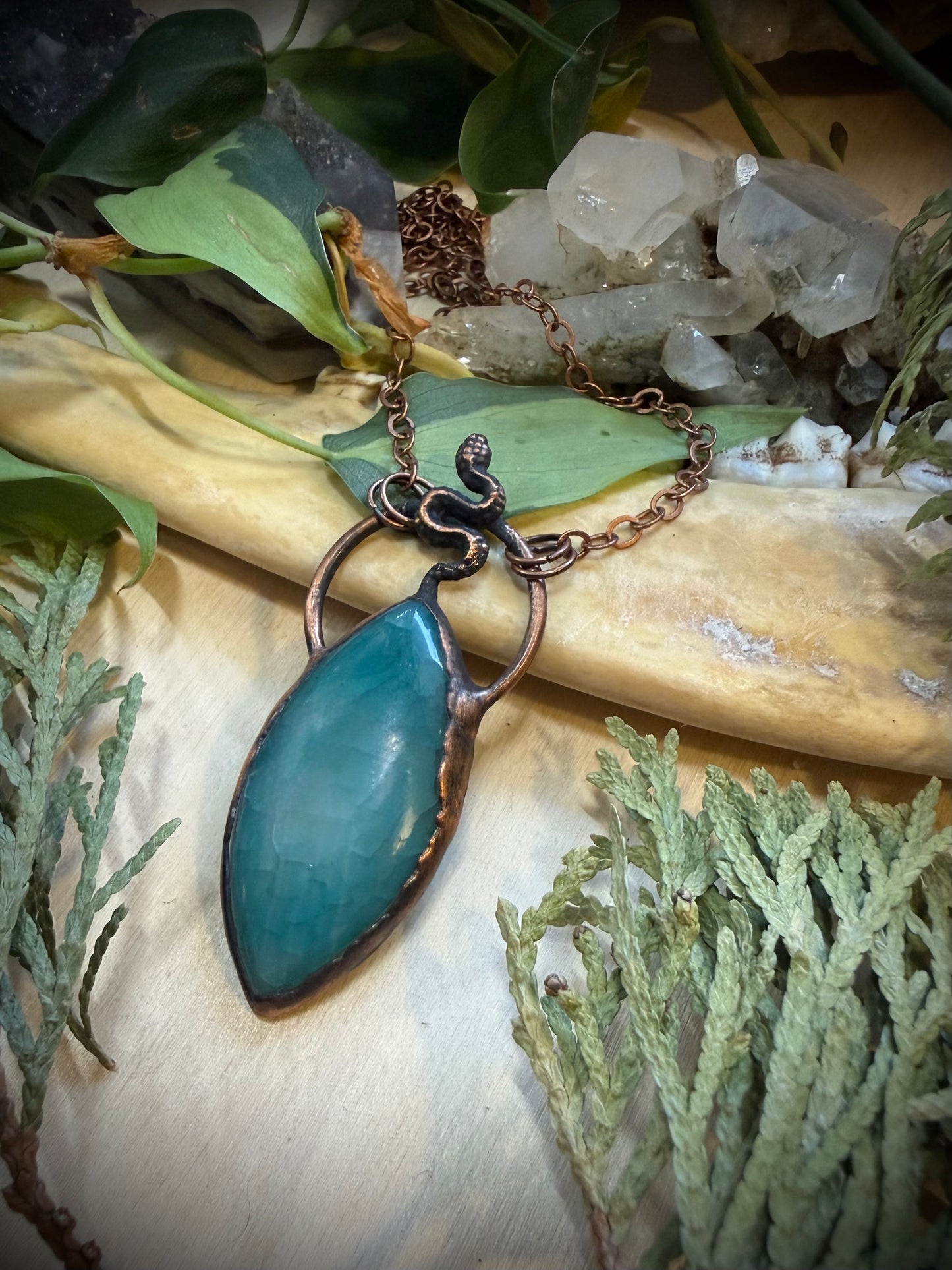 Electroformed Copper Agate and Snake Necklace