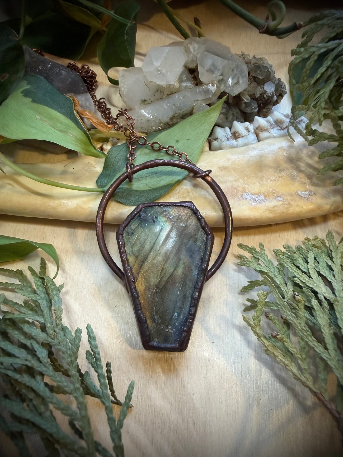 Electroformed Copper Coffin Shaped Labradorite Necklace