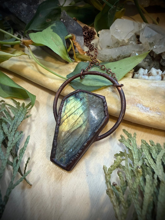 Electroformed Copper Coffin Shaped Labradorite Necklace