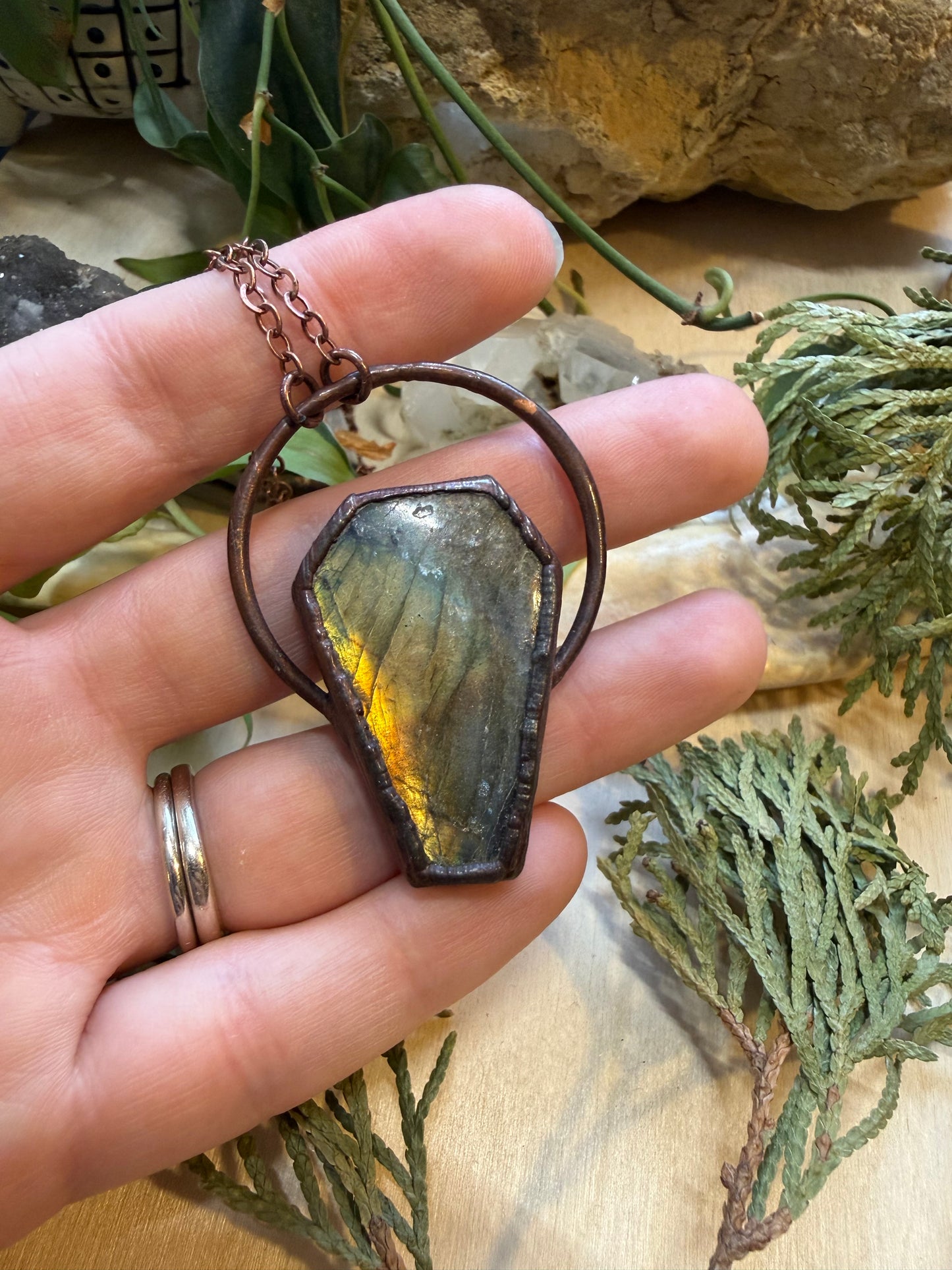 Electroformed Copper Coffin Shaped Labradorite Necklace