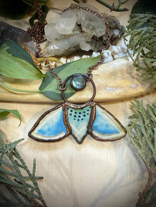 Electroformed Blue Moth and Labradorite Copper Necklace