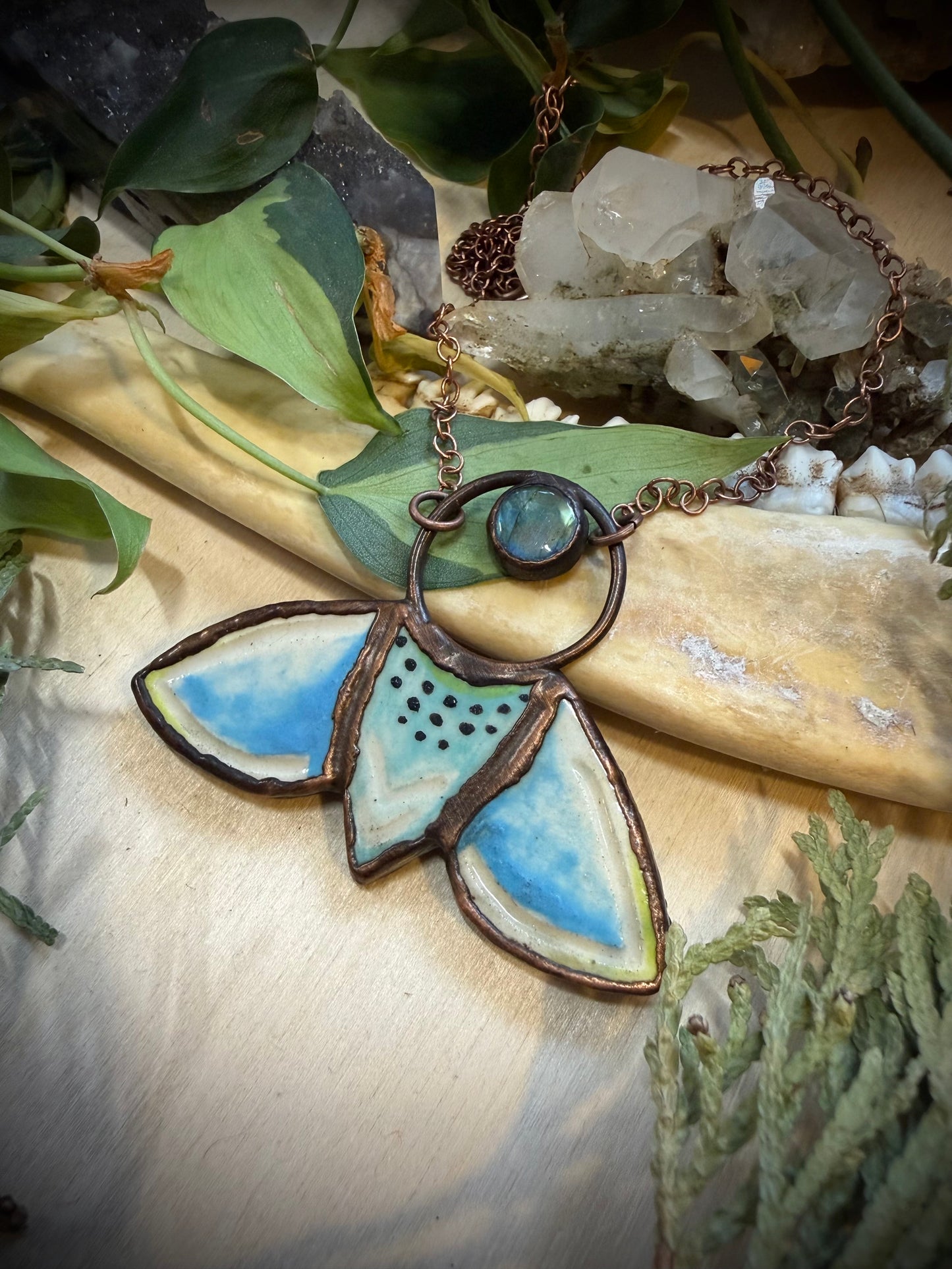 Electroformed Blue Moth and Labradorite Copper Necklace