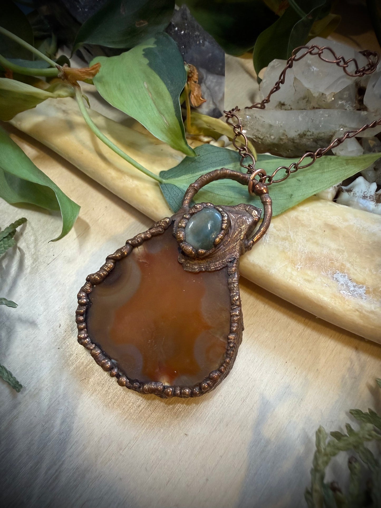 Electroformed Copper Agate Slice Stone Necklace