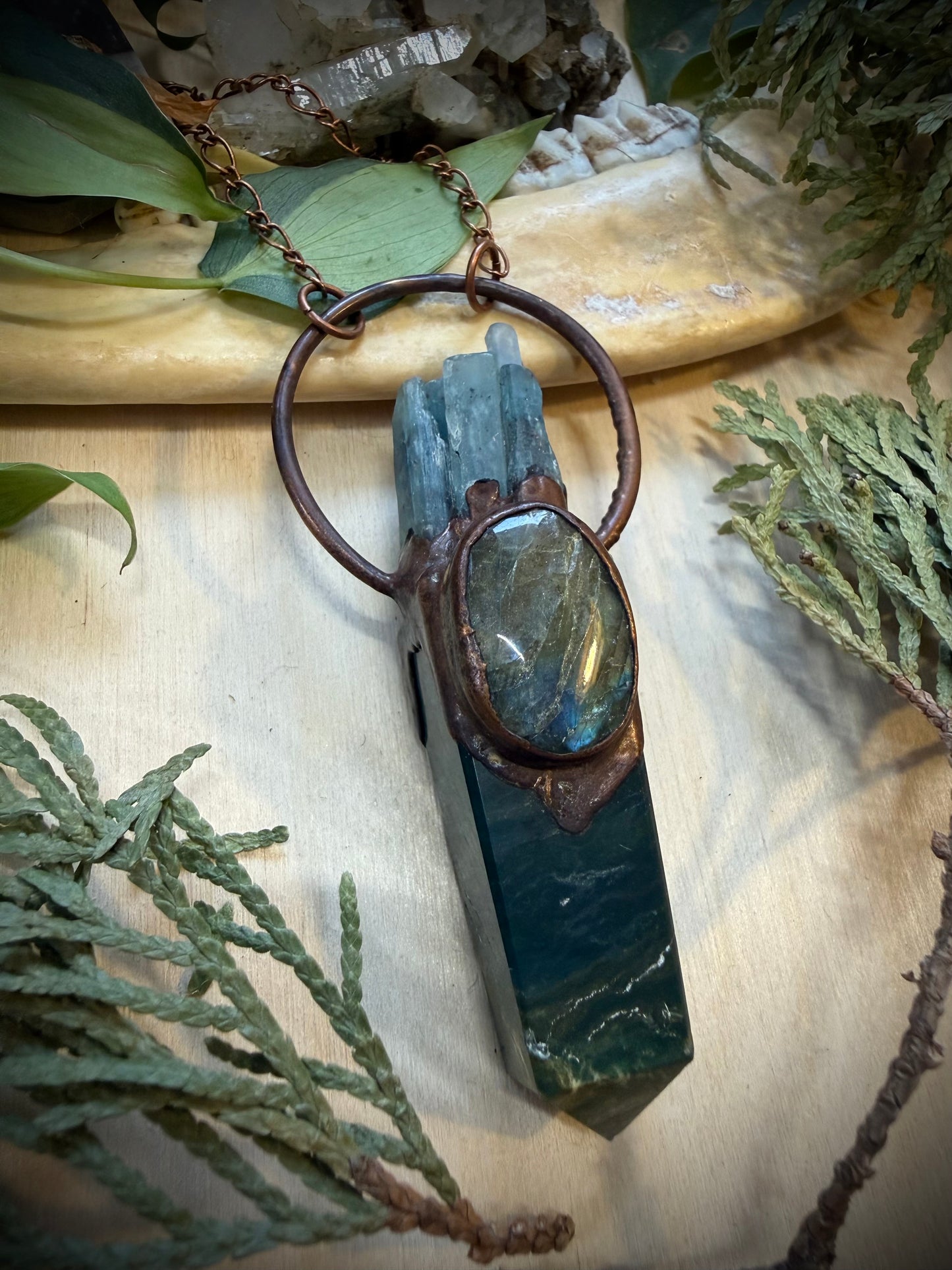 Electroformed Copper Kyanite, Labradorite and Jasper Point Necklace