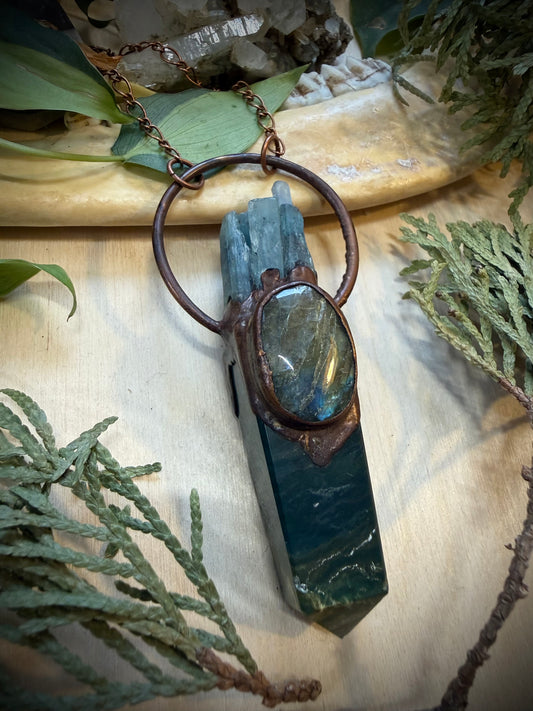 Electroformed Copper Kyanite, Labradorite and Jasper Point Necklace