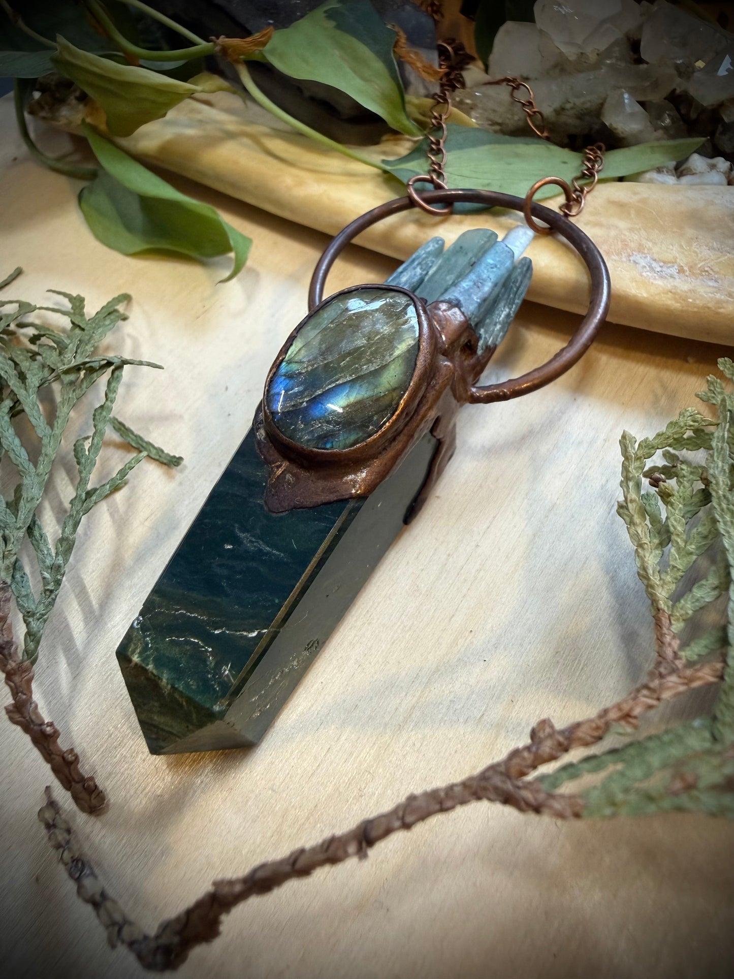 Electroformed Copper Kyanite, Labradorite and Jasper Point Necklace