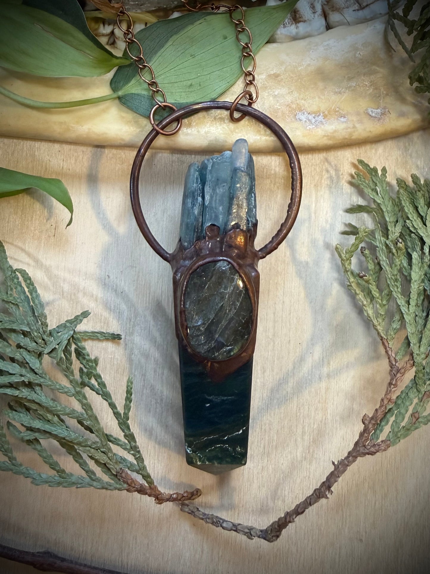 Electroformed Copper Kyanite, Labradorite and Jasper Point Necklace