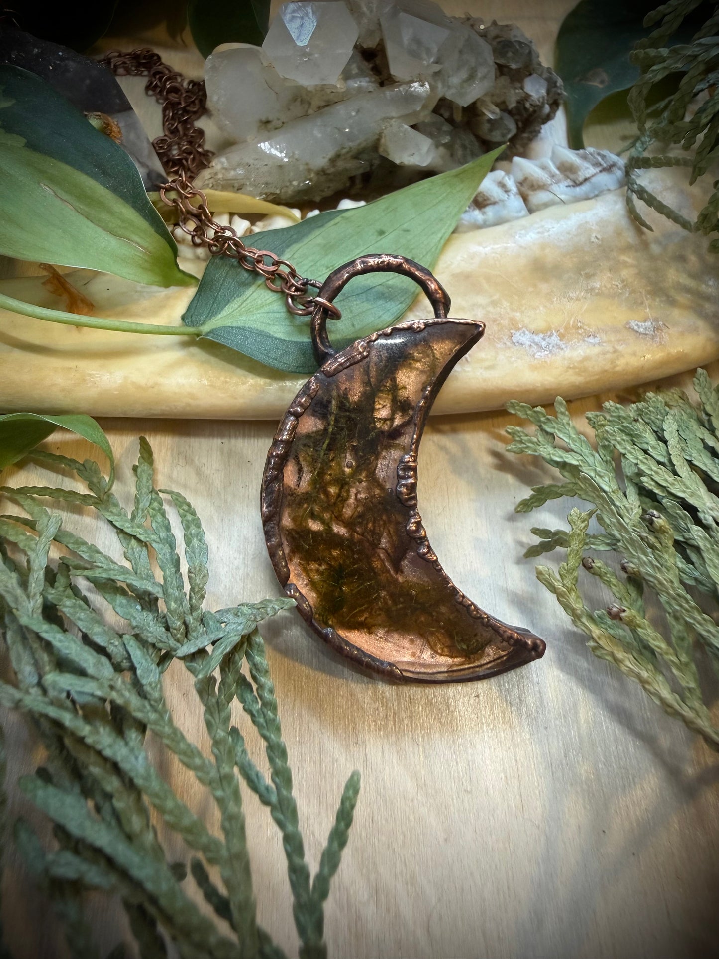 Electroformed Copper Moon Moss Necklace