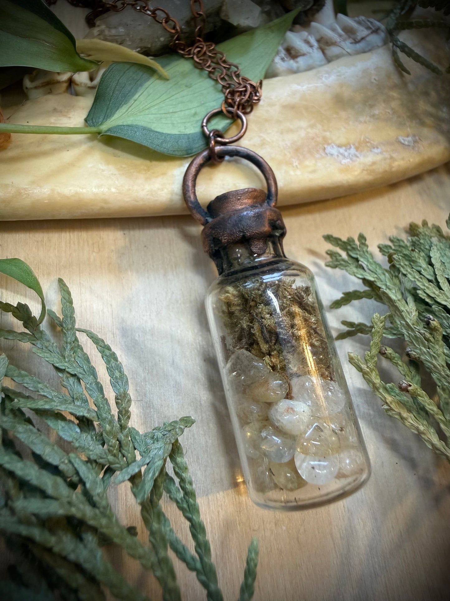 Electroformed Copper Moss & Citrine Glass Vial Necklace