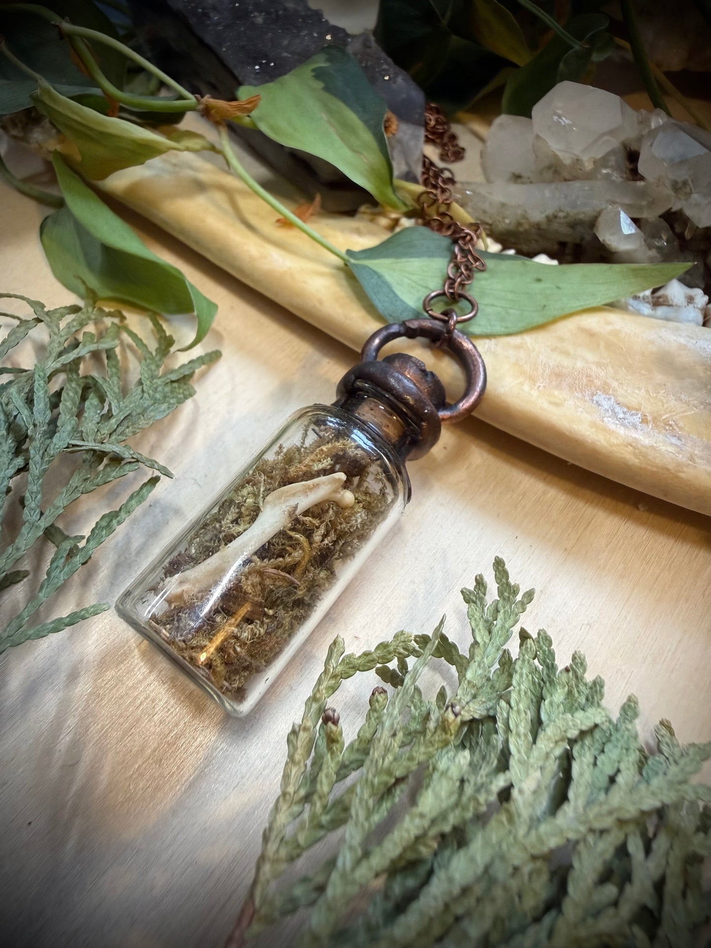 Electroformed Copper Cap Moss and Bone Vial Necklace