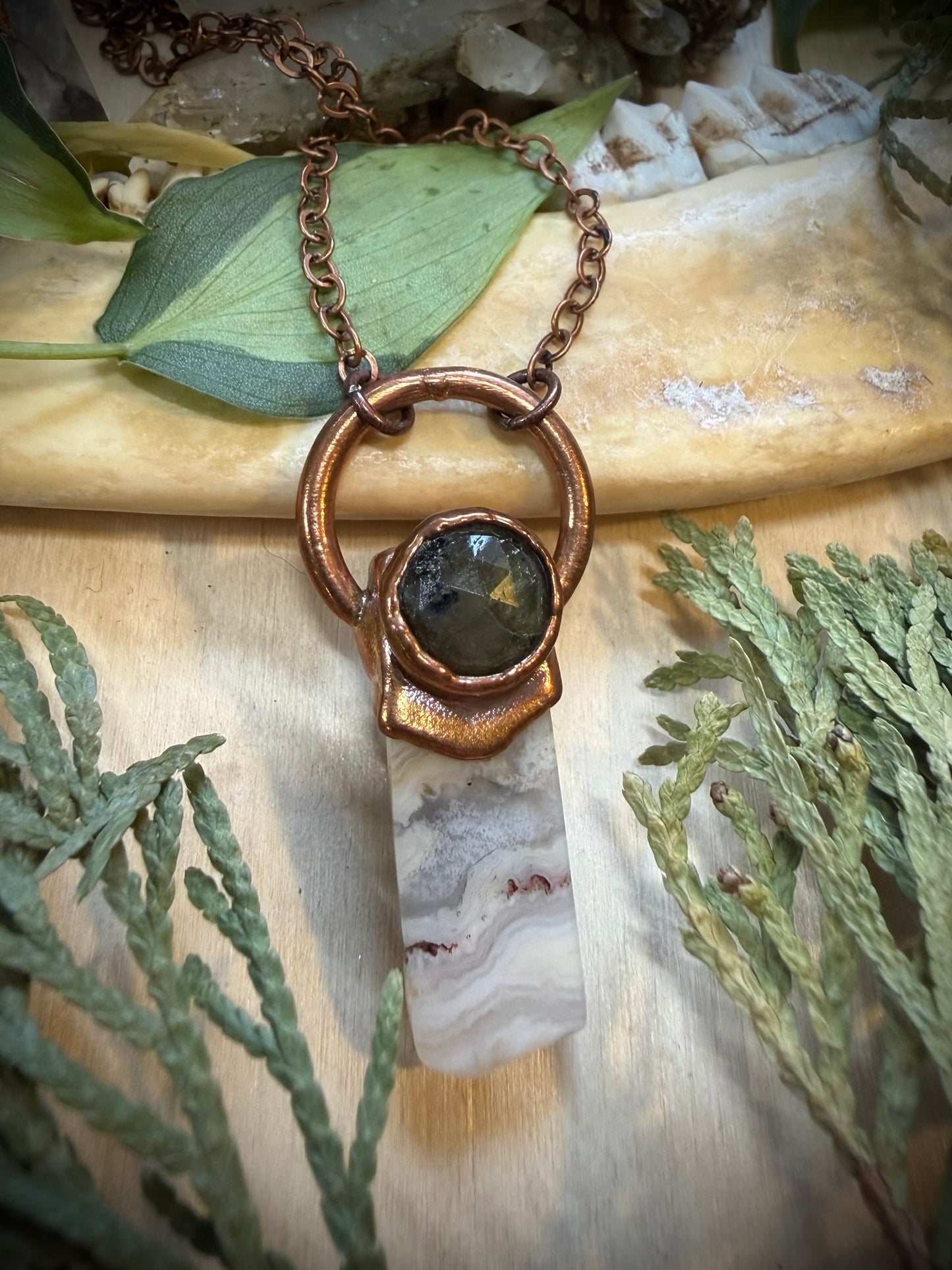 Electroformed Copper Labradorite and Agate Stone Necklace
