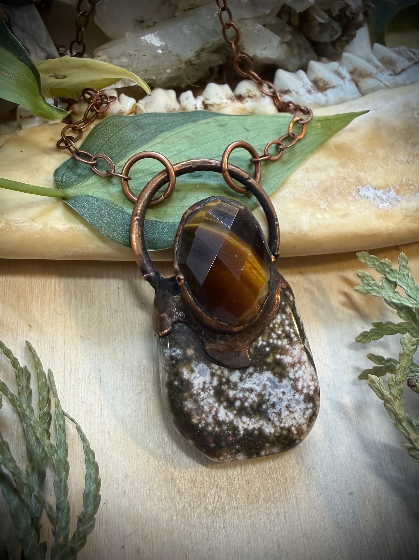 Electroformed Copper Tiger Eye and Ocean Jasper Necklace