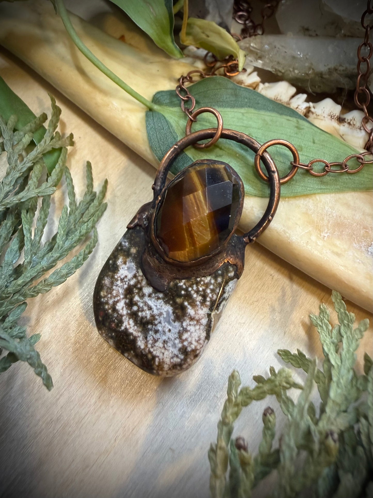 Electroformed Copper Tiger Eye and Ocean Jasper Necklace