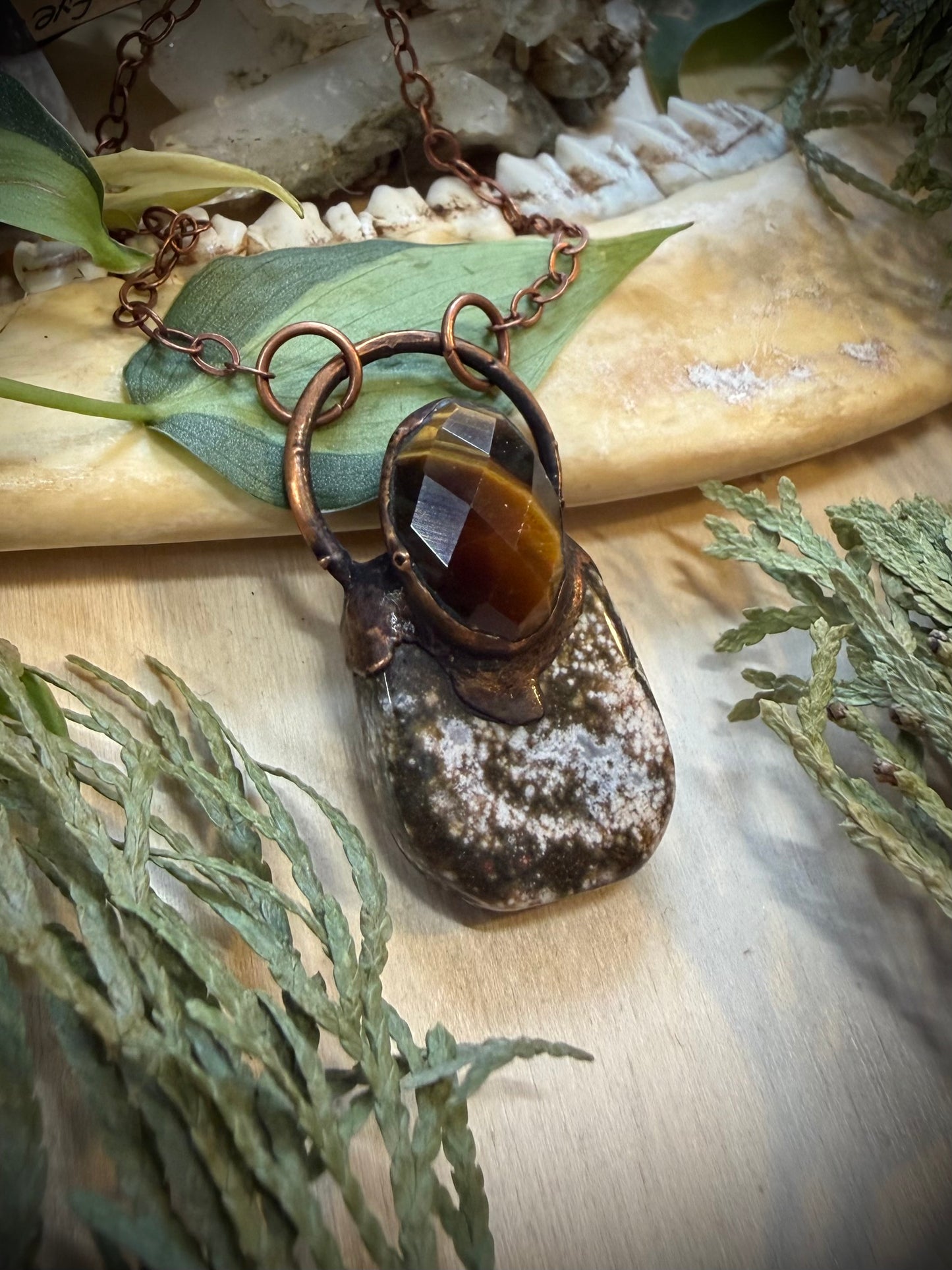 Electroformed Copper Tiger Eye and Ocean Jasper Necklace