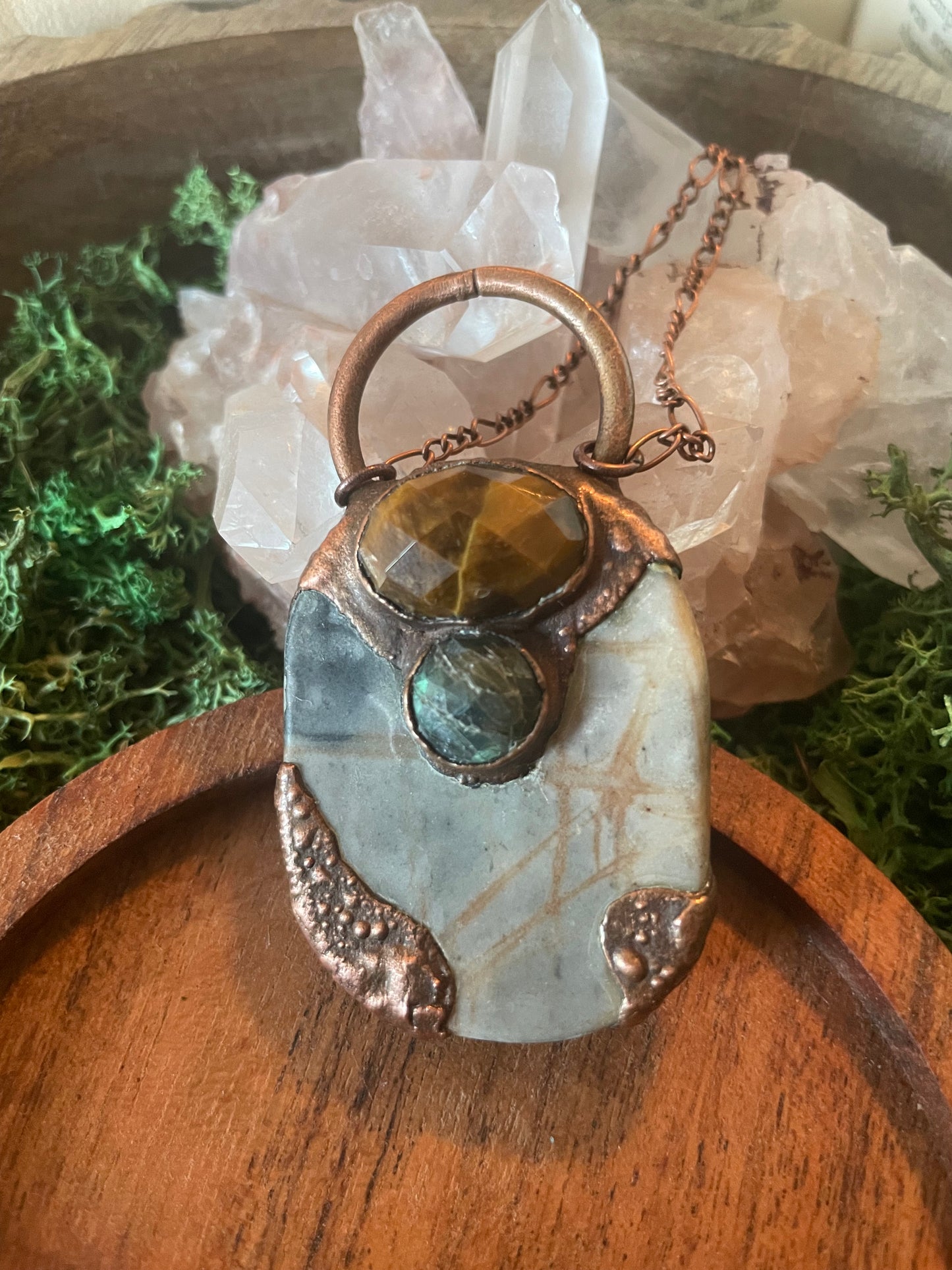 Electroformed Copper Tiger Eye Labradorite and Network Jasper Necklace