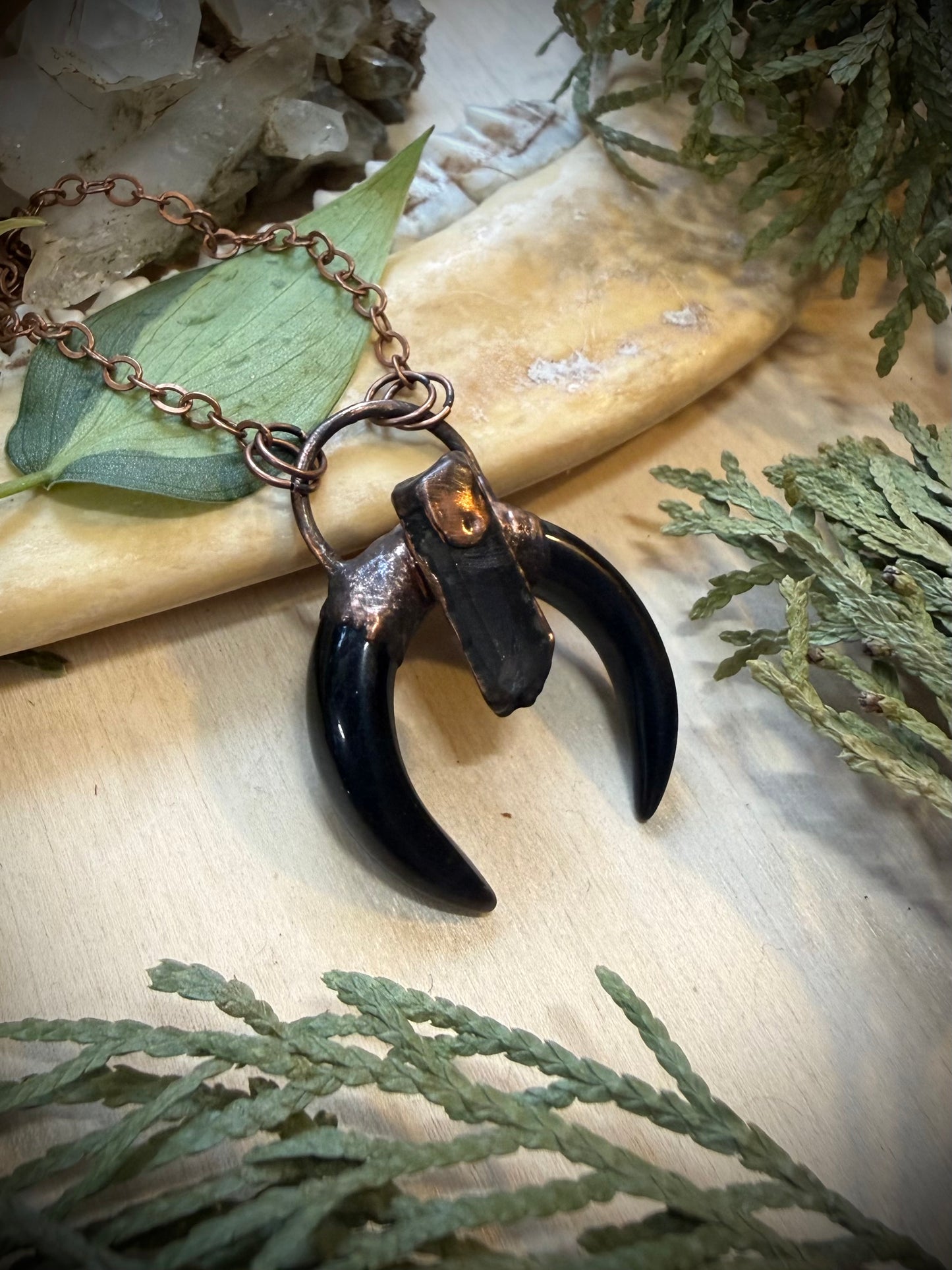 Electroformed Copper Obsidian Horn with Quartz Necklace