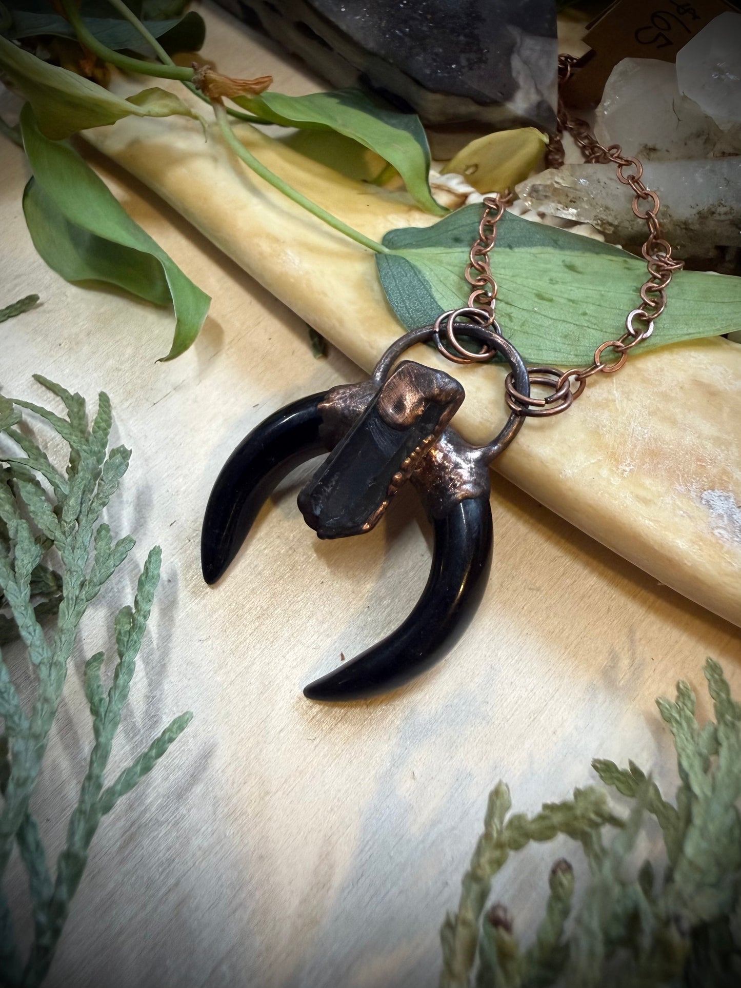 Electroformed Copper Obsidian Horn with Quartz Necklace