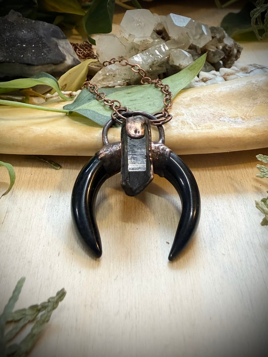 Electroformed Copper Obsidian Horn with Quartz Necklace
