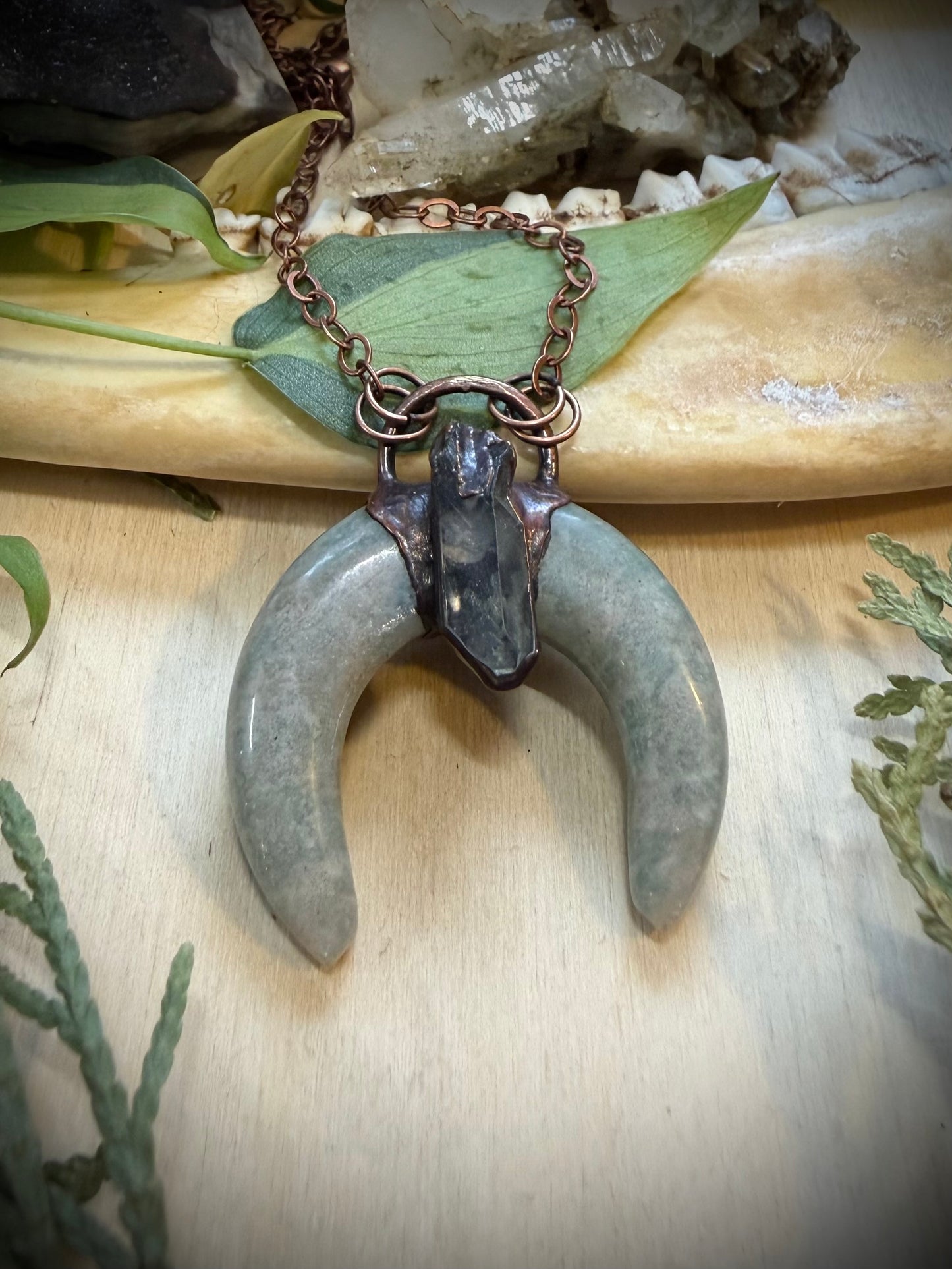 Electroformed Copper Amazonite Horn with Quartz Necklace