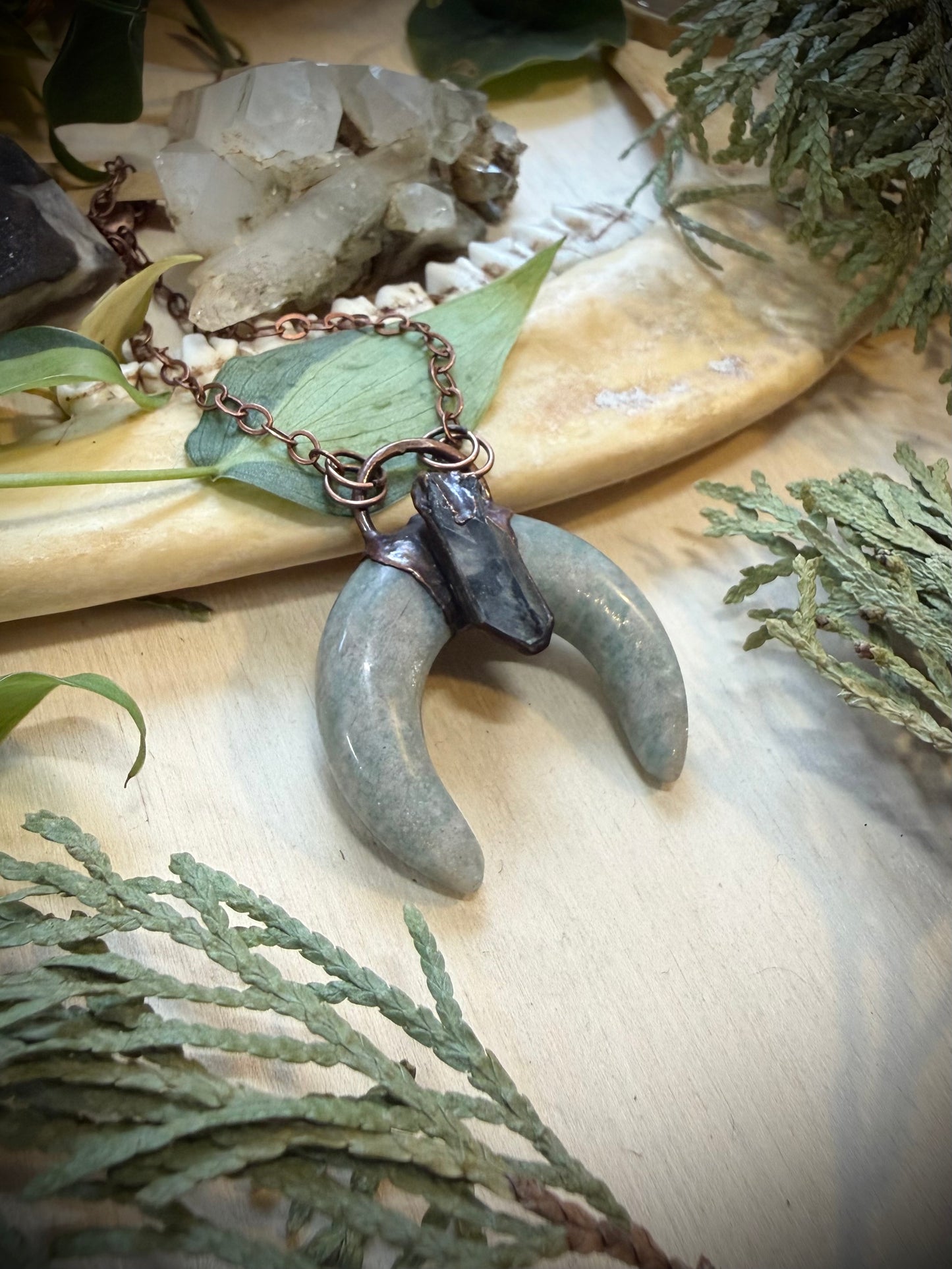 Electroformed Copper Amazonite Horn with Quartz Necklace