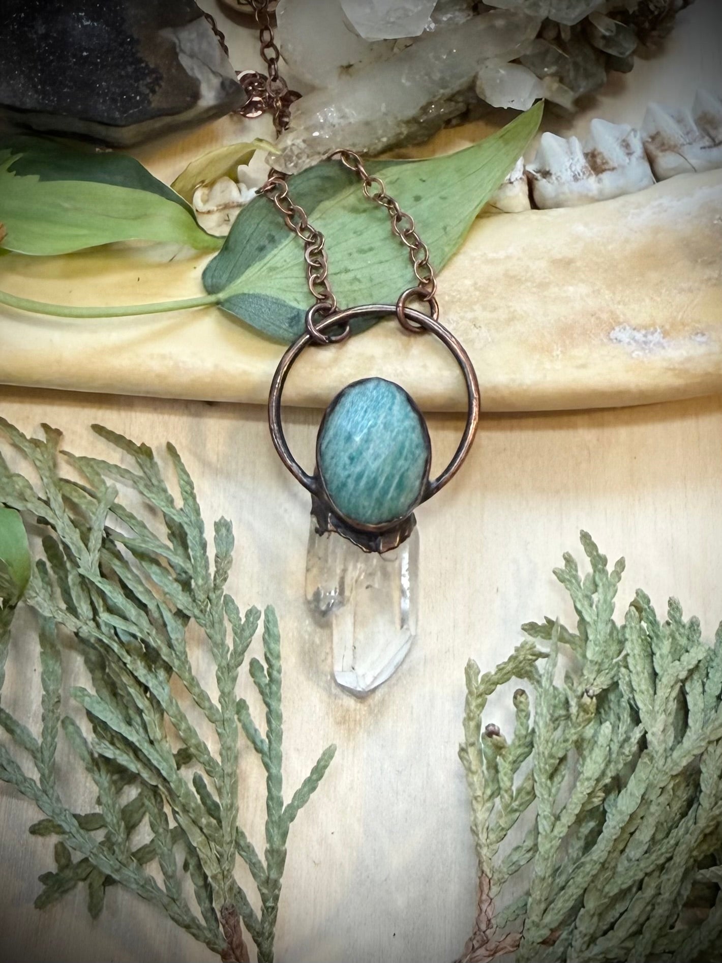 Electroformed Copper Amazonite and Quartz Crystal Necklace
