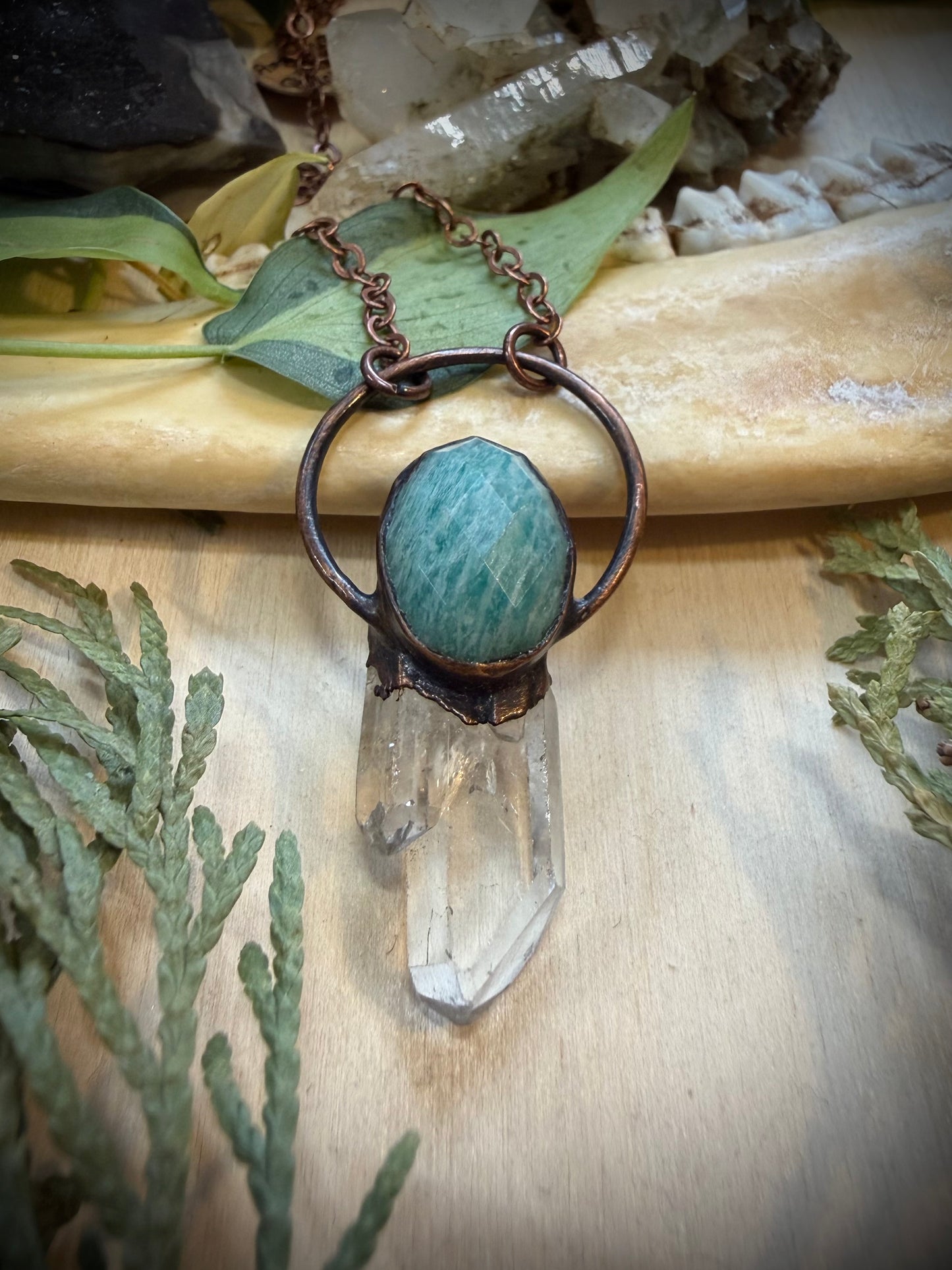 Electroformed Copper Amazonite and Quartz Crystal Necklace