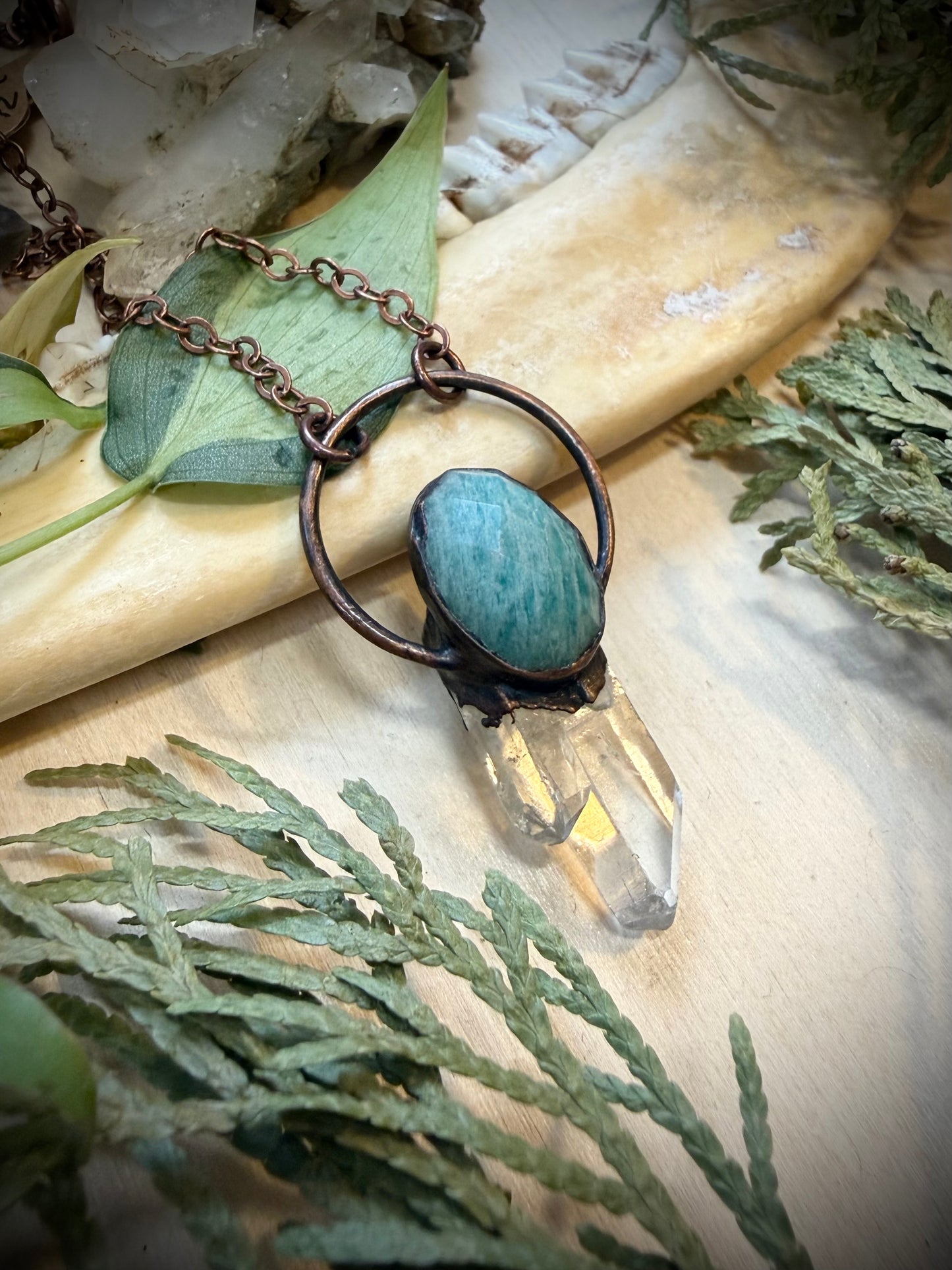 Electroformed Copper Amazonite and Quartz Crystal Necklace