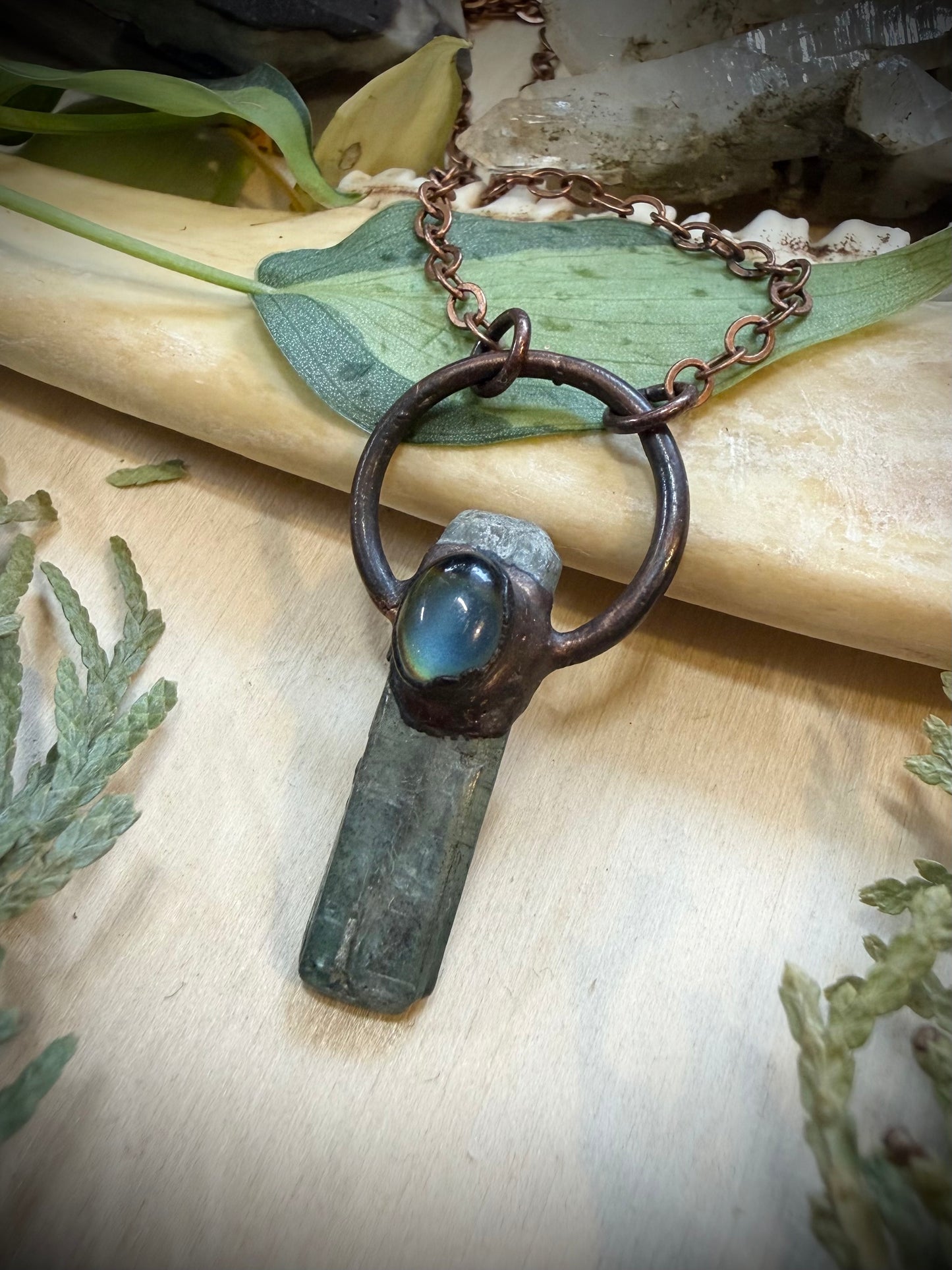 Electroformed Copper Mood stone and Green Kyanite Necklace