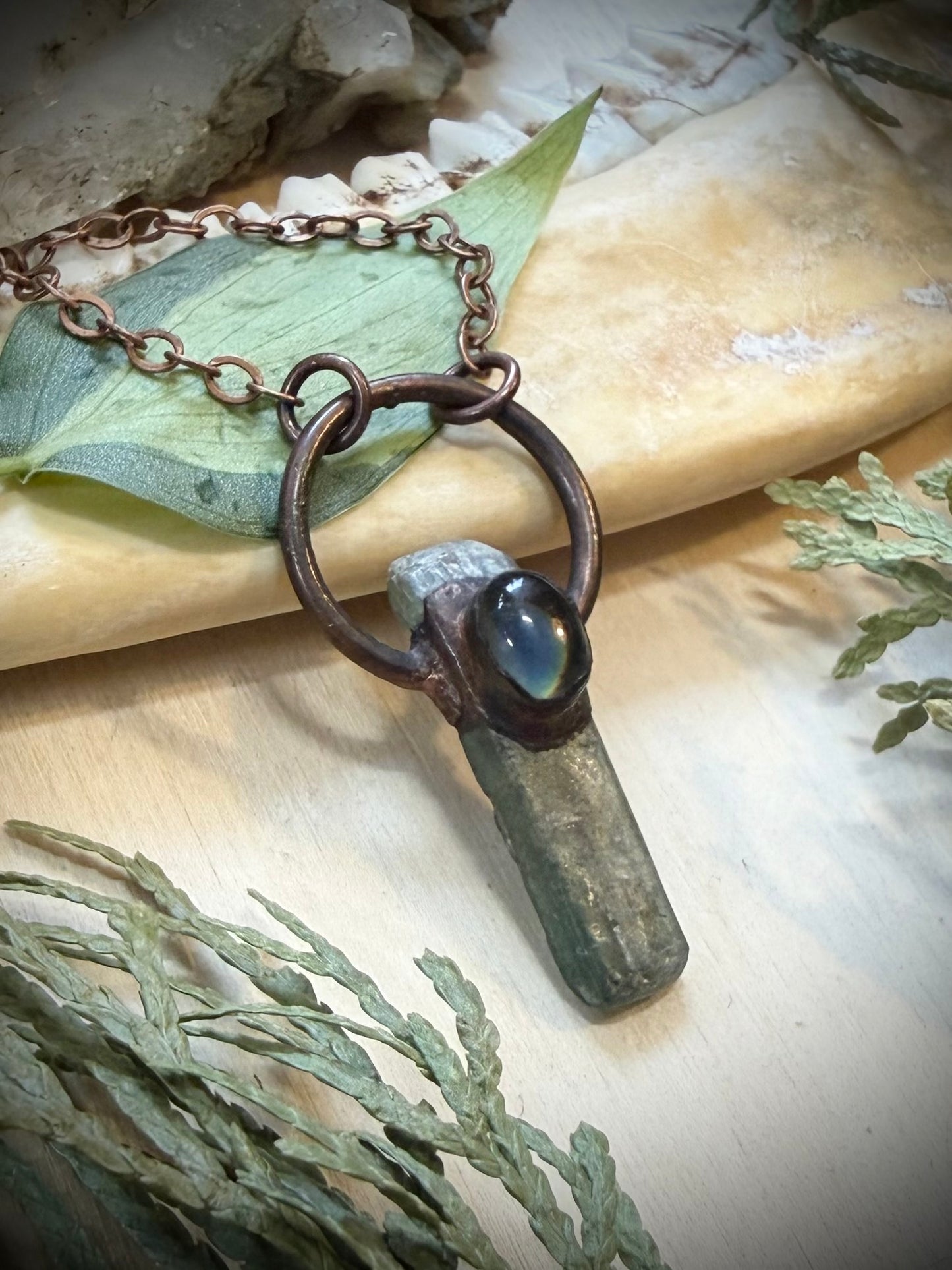 Electroformed Copper Mood stone and Green Kyanite Necklace