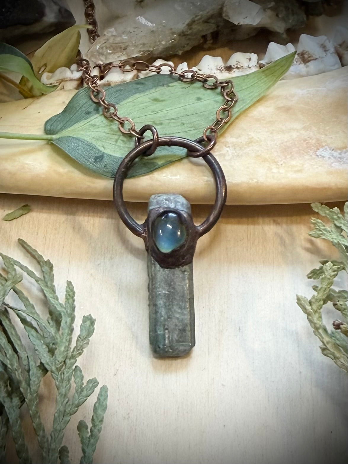 Electroformed Copper Mood stone and Green Kyanite Necklace