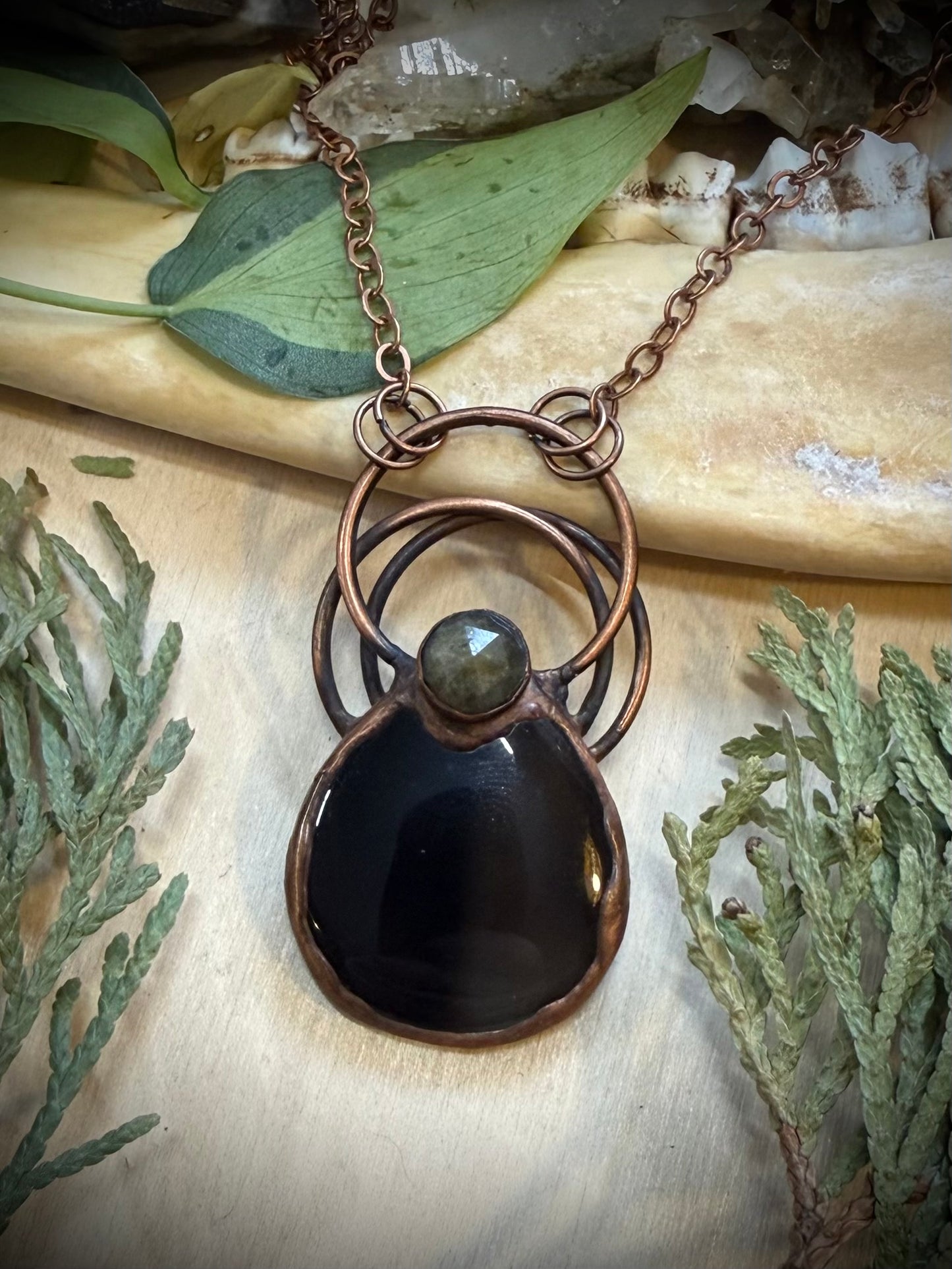 Electroformed Triple Ring Agate and Labradorite Necklace
